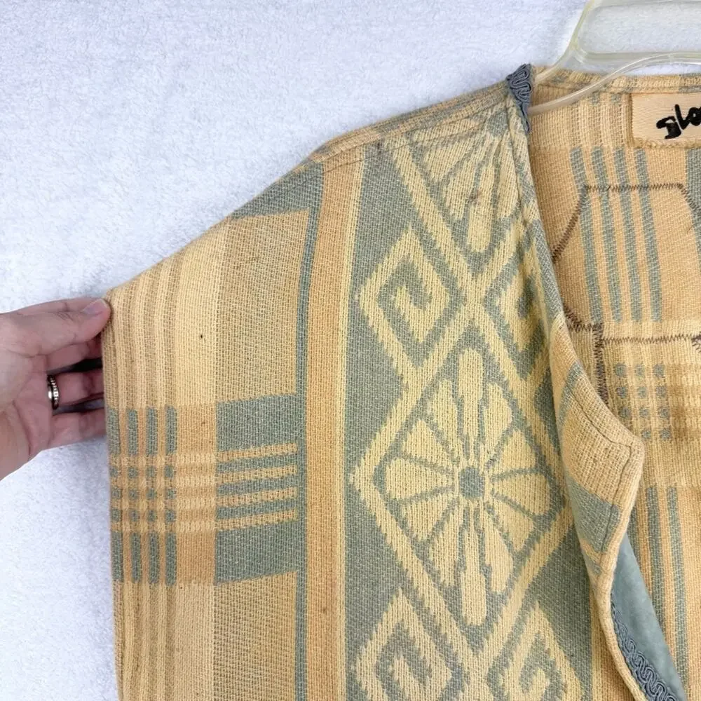 Vintage Artsy Lagenlook Patchwork Knit Single Button Poncho Wrap Shawl Yellow OS